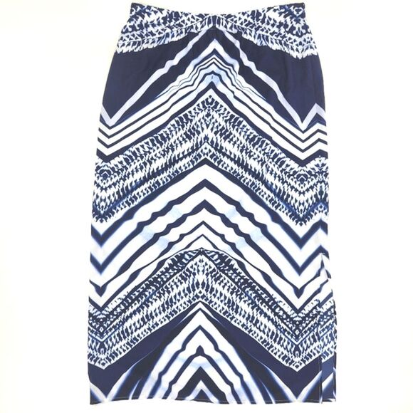 Chico's Chevron Stripe Maxi Skirt Size 0 Womens Blue White Art Print Side Slit - Picture 1 of 10